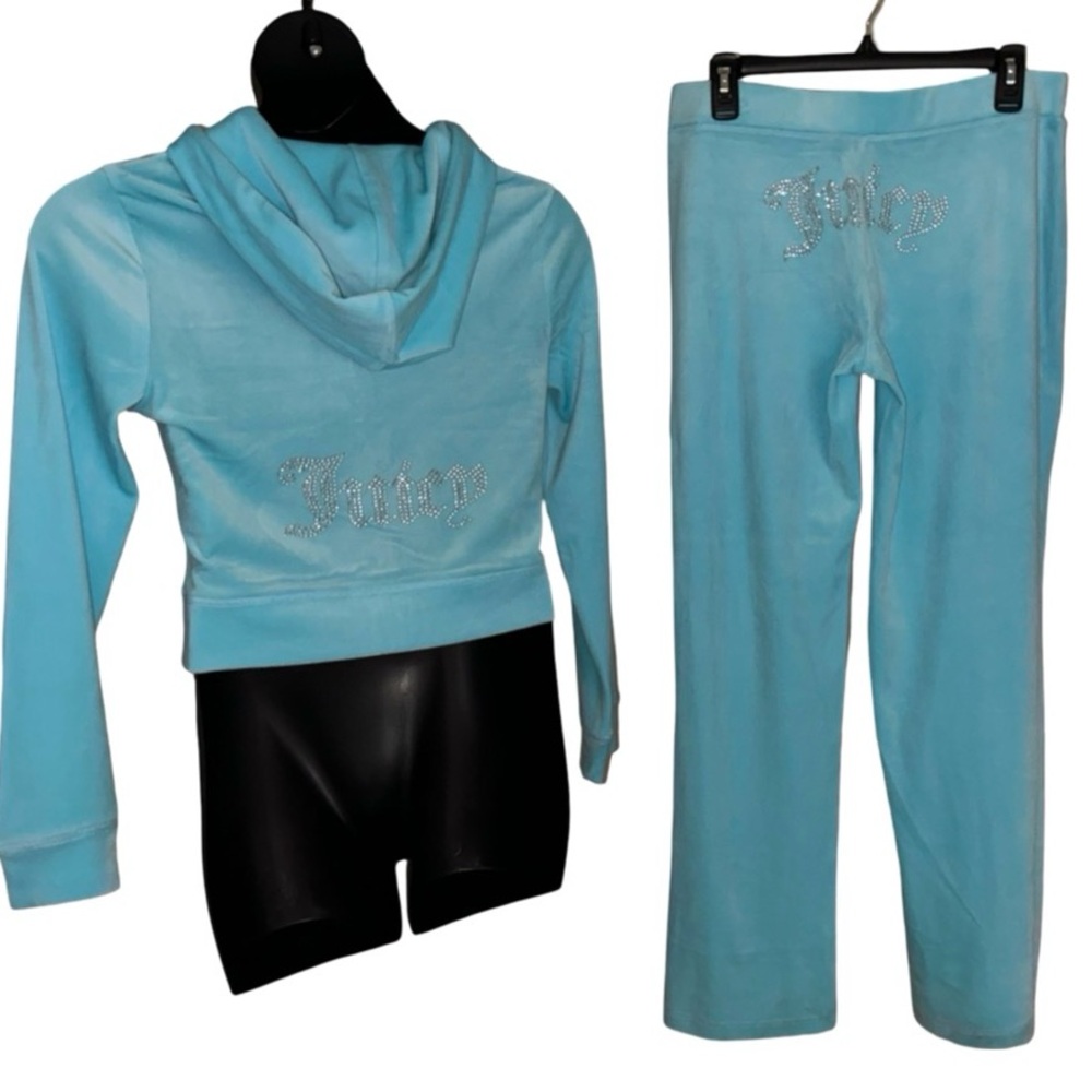 JUICY COUTURE CRYSTAL BLUE OG BLING RHINESTONE XL VELOUR TRACKSUIT SWEATSUIT NWT - Picture 2 of 9